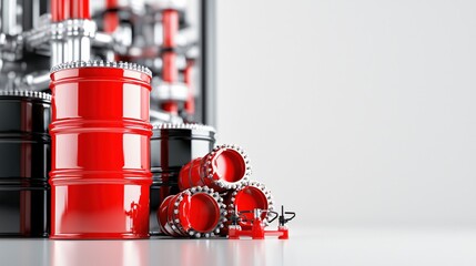 Aufkleber - Red and black barrels stacked with a metallic structure on a plain white background