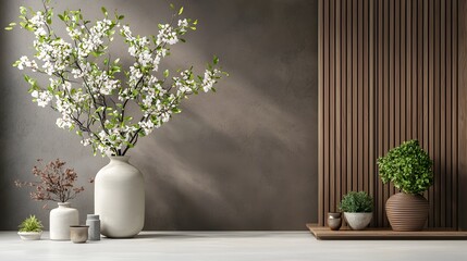 Poster - Elegant springtime floral arrangement with white blossoming branches and potted plants displayed on a wooden shelf against a warm minimalist backdrop  The peaceful