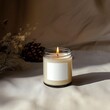 © Daria Minaeva - Clear glass jar candle mockup, scented candle jar with blank white label, styled interior candle design template