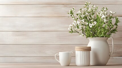 Poster - A stunning floral arrangement of delicate white flowers such as daisies or baby s breath displayed in a simple yet elegant rustic ceramic vase placed on a natural wooden surface