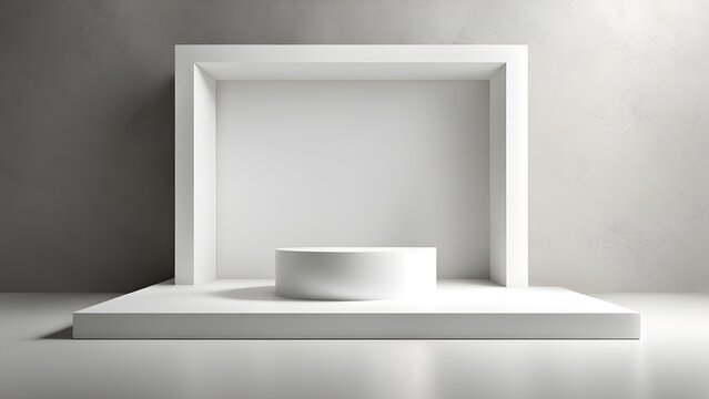Minimalist white product display platform with cylindrical riser, set against a textured gray wall within a modern architectural niche.