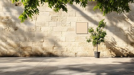 Poster - Peaceful and tranquil scene of a brick wall facade with lush green foliage and natural lighting casting soft shadows creating a serene and calming atmosphere  Ideal for use as a minimalist background