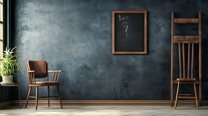 Poster - Minimalist and Cozy Workspace Design with Wooden Chair Potted Plant and Concrete Wall in a Rustic Industrial Style Interior Room  Perfect for Studying Working