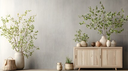 Poster - Cozy and elegant minimalist interior scene featuring a wooden sideboard or buffet with decorative vases blooming branches and other natural accents creating a serene