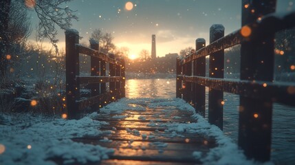 Wall Mural - Snowy bridge sunset winter wonderland peaceful lake