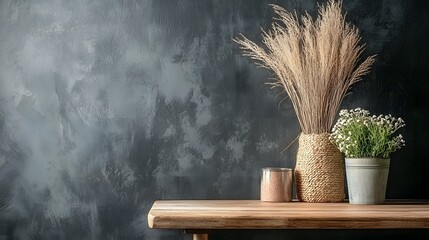 Poster - elegant rustic home decor setting with a vase of flowers and plant on a wooden table against a plain