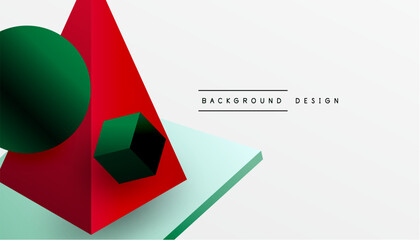Aufkleber - Abstract design showcasing isometric cubes, pyramids, squares, and spheres in a vibrant 3D layout. Modern and dynamic, perfect for tech, design, or futuristic themes