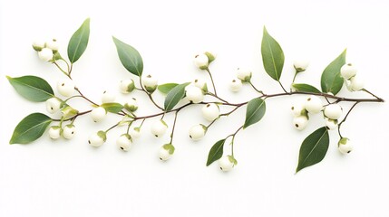 Wall Mural - A delicate branch with white berries and green leaves on a white background.