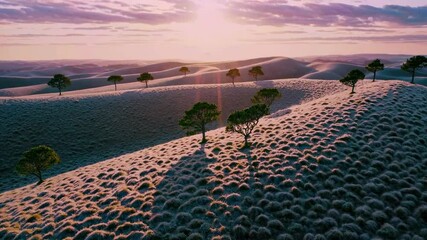 Aufkleber - Stunning landscape of rolling sand dunes and trees at sunrise in a desert location