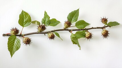 Wall Mural - A detailed branch featuring spiky seed pods and vibrant green leaves, showcasing nature's intricate design.