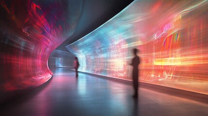 Fototapete - Futuristic tunnel with dynamic digital art and two silhouetted figures exploring its vibrant space