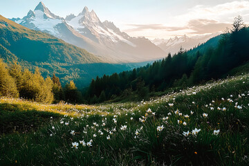 Wall Mural - Paysage de montagne, avec prairie fleurie et monts enneigés au loin