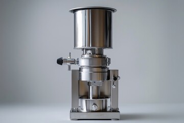Poster - Stainless steel industrial machine with cylindrical shapes on a light gray background studio shot