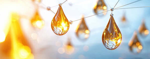 Poster - Golden liquid drops connected by thin lines against a bright background with soft bokeh effect