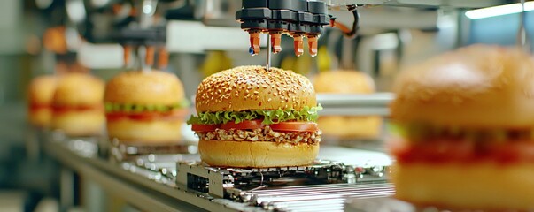 Poster - Robotic arm assembling burgers on a conveyor belt in a food factory production line automated process