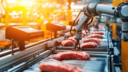 Poster - Robotic arm processing raw meat on conveyor belt in modern food factory with bright sunlight