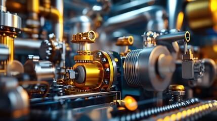 Poster - Complex industrial machinery with golden and silver components in a close up view