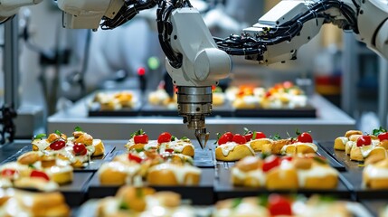 Poster - Robotic arm assembling food on tray in automated factory setting with focus on precision