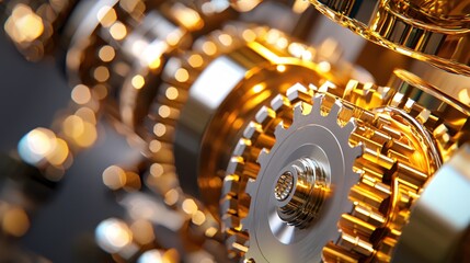 Poster - Golden gears and cogs intricate mechanical design with metallic reflections and bokeh background