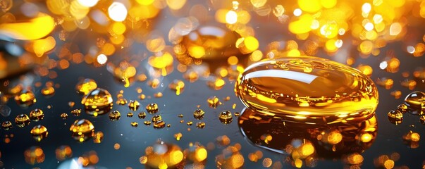 Poster - Golden liquid drops on dark surface with bokeh lights creating a warm and reflective abstract scene