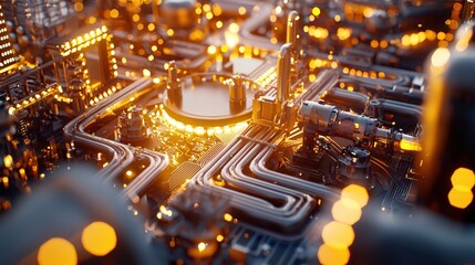 Poster - Complex metallic structure with glowing lights and pipes in a futuristic technology setting