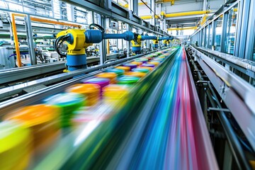 Poster - Automated production line with robotic arms and colorful containers moving on conveyor belt