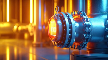 Poster - Industrial pipeline with glowing lights and metal flanges in a futuristic setting
