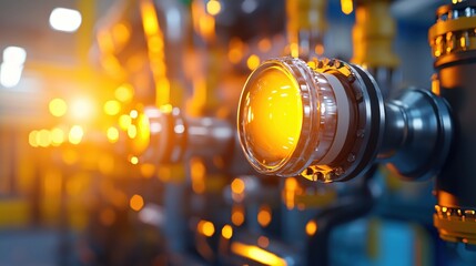 Poster - Industrial machinery with glowing orange light in a factory setting with bokeh background