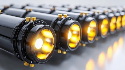 Poster - Row of Black Cylindrical Objects with Golden Caps and Yellow Light on a Gray Surface