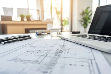 Poster - Architect reviewing blueprints, laptop, office