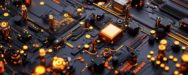 Poster - Intricate circuit board with glowing orange accents and dark background for technological design