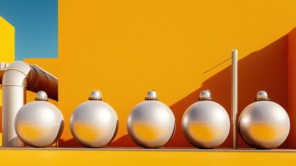 Poster - Five silver spheres against a vibrant yellow wall with a blue sky and white pipe detail