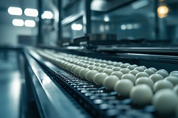 Poster - White spheres on conveyor belt in factory production line with blurred background and cool tone