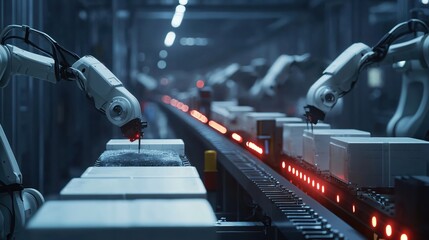 Poster - Industrial robots working on production line with conveyor belt and red lights in factory