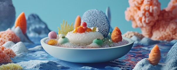 Poster - Surreal food art with a bowl of jelly and coral like shapes in a blue landscape