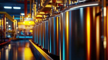 Poster - Row of shiny metal tanks in a factory with colorful pipes and lights industrial setting