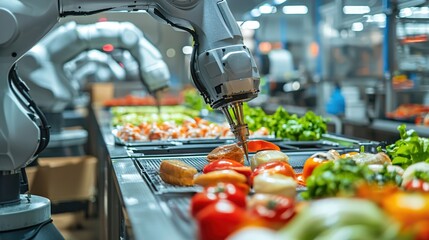 Poster - Robotic arm picks food in automated food processing line with fresh vegetables and ingredients