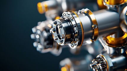 Poster - Detailed view of silver and gold metal pipes with bolts on dark background industrial design