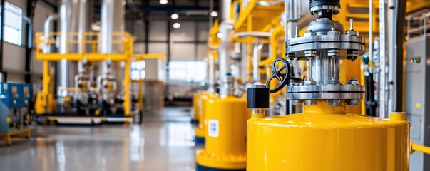 Poster - Yellow industrial tanks and pipes in a factory with a shallow depth of field and blurred background