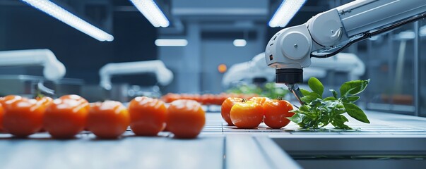 Poster - Automated robotic arm processing fresh tomatoes and green plant on conveyor belt in factory