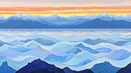 Poster - Mountainous landscape with layered hills and a vibrant sunset sky in a painterly style