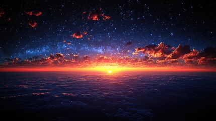 Wall Mural - Aerial sunset cloudscape, starry night, above clouds