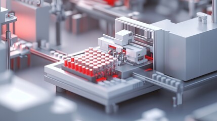Poster - Automated industrial process with red vials on a conveyor belt in a clean modern factory