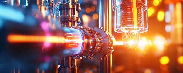Poster - Complex industrial machinery with glowing light and pipes in a futuristic setting