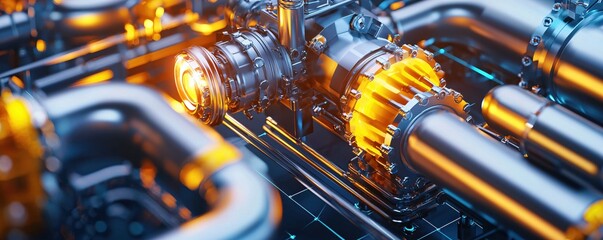 Poster - Metallic pipes and glowing elements create a futuristic industrial abstract with warm light