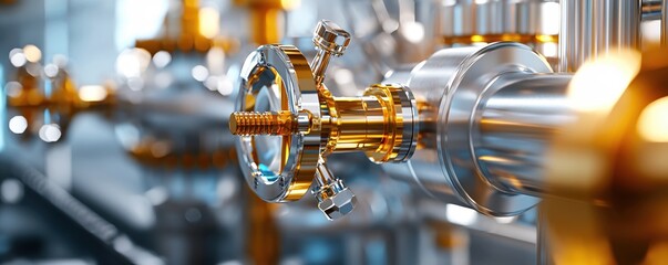 Poster - Shiny metallic valve on industrial pipeline with golden accents and blurred background