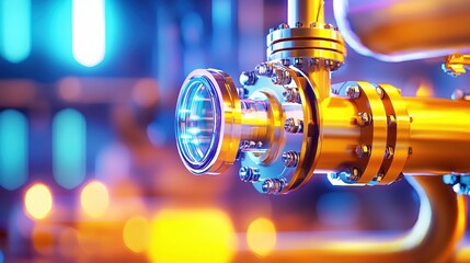 Poster - Industrial golden pipe with bolts and flange in a blue and orange illuminated background