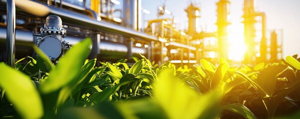 Poster - Industrial plant with green leaves in foreground and bright sunlight shining on metal pipes