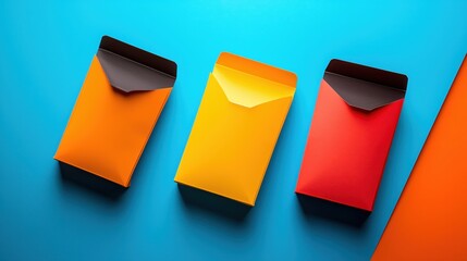 Poster - Three colorful envelopes on a blue surface with an orange paper corner in a flat lay style