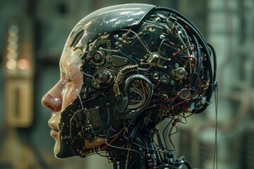 Poster - Android with transparent skull revealing complex mechanical brain structure